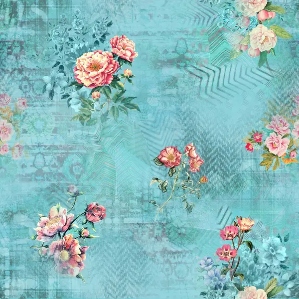 Etnik geometrik arkaplan baskısı ve çiçek izni 