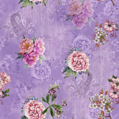 Etnik geometrik arkaplan baskısı ve çiçek izni 