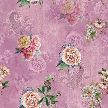 Etnik geometrik arkaplan baskısı ve çiçek izni 