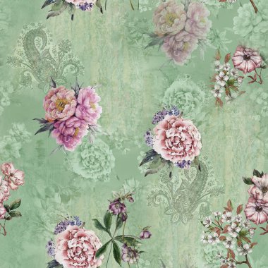 Etnik geometrik arkaplan baskısı ve çiçek izni 