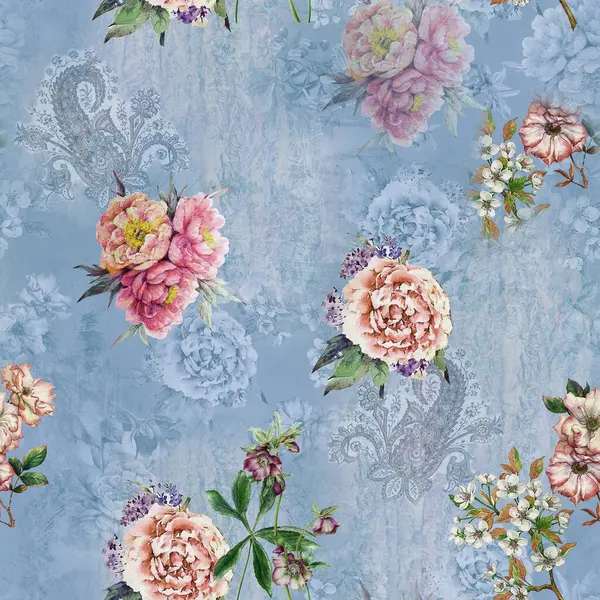 Etnik geometrik arkaplan baskısı ve çiçek izni 