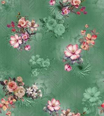 Üst üste binen taç yaprakları ve dekoratif dokuları içeren modern çiçekli izin soyut tasarımı dijital sanat ve tekstil baskısı için uygundur.