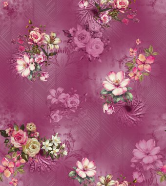 Üst üste binen taç yaprakları ve dekoratif dokuları içeren modern çiçekli izin soyut tasarımı dijital sanat ve tekstil baskısı için uygundur.