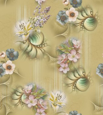 Üst üste binen taç yaprakları ve dekoratif dokuları içeren modern çiçekli izin soyut tasarımı dijital sanat ve tekstil baskısı için uygundur.