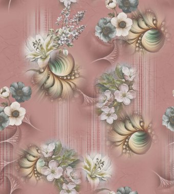 Üst üste binen taç yaprakları ve dekoratif dokuları içeren modern çiçekli izin soyut tasarımı dijital sanat ve tekstil baskısı için uygundur.