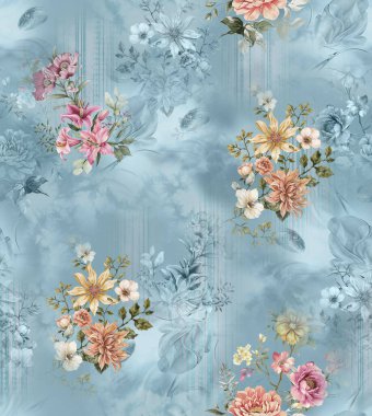 Üst üste binen taç yaprakları ve dekoratif dokuları içeren modern çiçekli izin soyut tasarımı dijital sanat ve tekstil baskısı için uygundur.