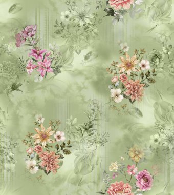 Üst üste binen taç yaprakları ve dekoratif dokuları içeren modern çiçekli izin soyut tasarımı dijital sanat ve tekstil baskısı için uygundur.