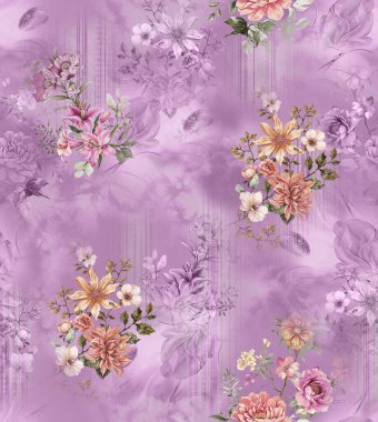 Üst üste binen taç yaprakları ve dekoratif dokuları içeren modern çiçekli izin soyut tasarımı dijital sanat ve tekstil baskısı için uygundur.