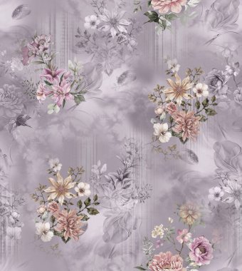 Üst üste binen taç yaprakları ve dekoratif dokuları içeren modern çiçekli izin soyut tasarımı dijital sanat ve tekstil baskısı için uygundur.