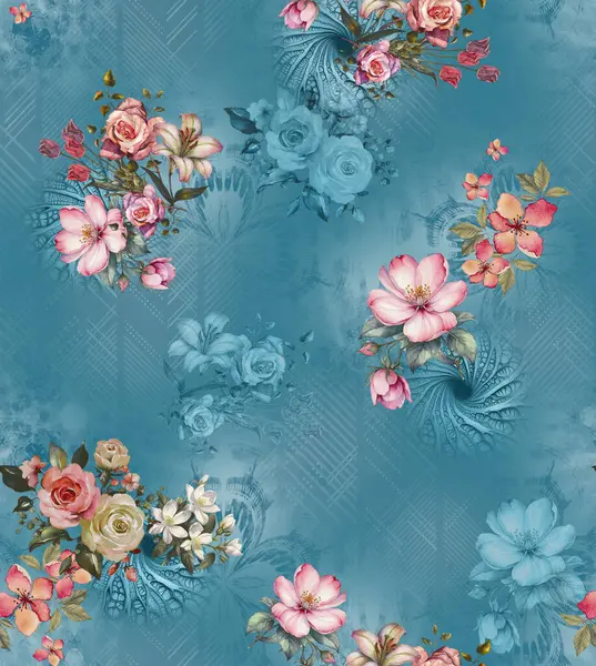 Üst üste binen taç yaprakları ve dekoratif dokuları içeren modern çiçekli izin soyut tasarımı dijital sanat ve tekstil baskısı için uygundur.