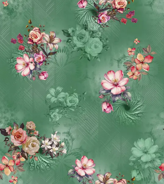 Üst üste binen taç yaprakları ve dekoratif dokuları içeren modern çiçekli izin soyut tasarımı dijital sanat ve tekstil baskısı için uygundur.