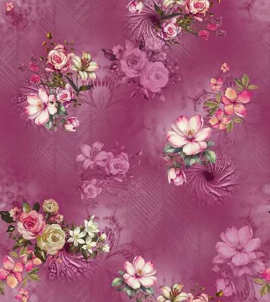 Üst üste binen taç yaprakları ve dekoratif dokuları içeren modern çiçekli izin soyut tasarımı dijital sanat ve tekstil baskısı için uygundur.