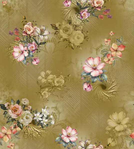 Üst üste binen taç yaprakları ve dekoratif dokuları içeren modern çiçekli izin soyut tasarımı dijital sanat ve tekstil baskısı için uygundur.