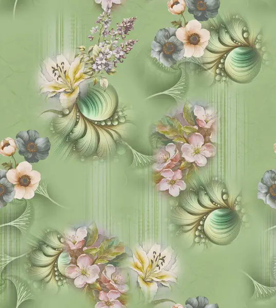 Üst üste binen taç yaprakları ve dekoratif dokuları içeren modern çiçekli izin soyut tasarımı dijital sanat ve tekstil baskısı için uygundur.