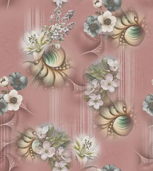 Üst üste binen taç yaprakları ve dekoratif dokuları içeren modern çiçekli izin soyut tasarımı dijital sanat ve tekstil baskısı için uygundur.