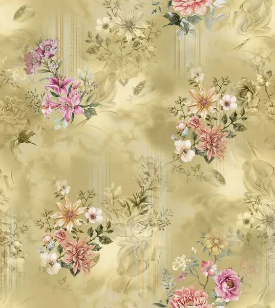 Üst üste binen taç yaprakları ve dekoratif dokuları içeren modern çiçekli izin soyut tasarımı dijital sanat ve tekstil baskısı için uygundur.