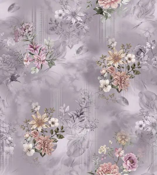 Üst üste binen taç yaprakları ve dekoratif dokuları içeren modern çiçekli izin soyut tasarımı dijital sanat ve tekstil baskısı için uygundur.