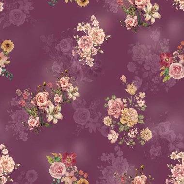 Çiçek ve dallarla kusursuz çiçek deseni, suluboya arkaplan