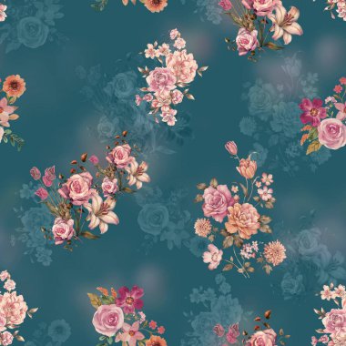 Koyu arkaplanda suluboya pembe güllerle kusursuz çiçek deseni, suluboya çizimi