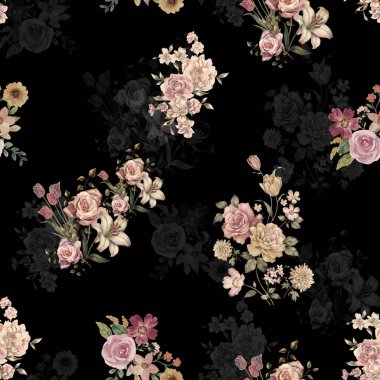 Gül ve yaprakları çiçek seamless modeli