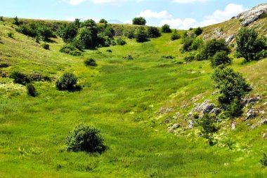 Yeşil tepeleri ve açık mavi gökyüzünü barındıran güzel dağ manzarası. Sahne sakinliği ve doğa ile bağlantıyı çağrıştırıyor, açık hava aktiviteleri ve rahatlama için ideal. Kırım, Ukrayna. Yüksek kalite fotoğraf