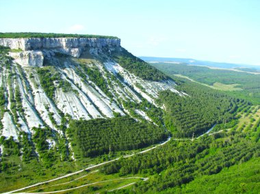Yeşil tepeleri ve açık mavi gökyüzünü barındıran güzel dağ manzarası. Sahne sakinliği ve doğa ile bağlantıyı çağrıştırıyor, açık hava aktiviteleri ve rahatlama için ideal. Kırım, Ukrayna. Yüksek kalite fotoğraf