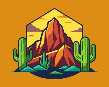 A colorful illustration of a desert with cactus and mountains in the background clipart