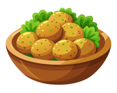 Beyaz arka planda ahşap kase vektör çiziminde kızarmış falafel.