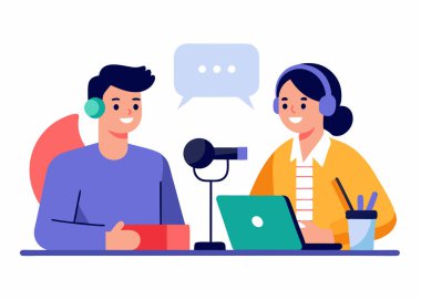 Podcast röportajı, podcast stüdyo röportajı, yaratıcı podcast kayıt sahnesi illüstrasyonu