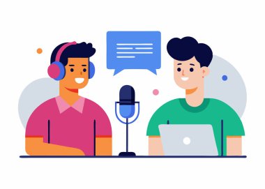Podcast röportajı, podcast stüdyo röportajı, yaratıcı podcast kayıt sahnesi illüstrasyonu