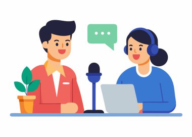 Podcast röportajı, podcast stüdyo röportajı, yaratıcı podcast kayıt sahnesi illüstrasyonu