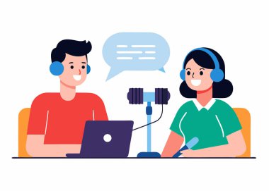 Podcast röportajı, podcast stüdyo röportajı, yaratıcı podcast kayıt sahnesi illüstrasyonu