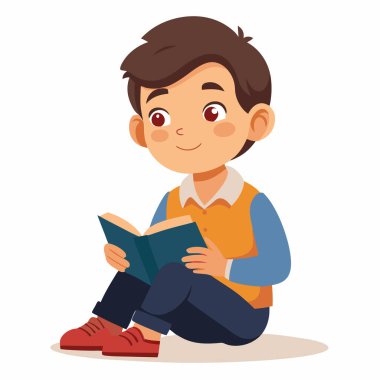 Okullu çocuk oturuyor ve çizgi roman vektör çizimleri okuyor.