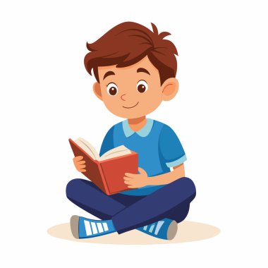 Okullu çocuk oturuyor ve çizgi roman vektör çizimleri okuyor.