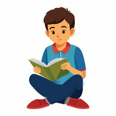 Okullu çocuk oturuyor ve çizgi roman vektör çizimleri okuyor.