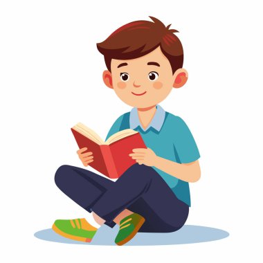 Okullu çocuk oturuyor ve çizgi roman vektör çizimleri okuyor.