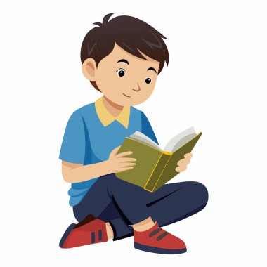 Okullu çocuk oturuyor ve çizgi roman vektör çizimleri okuyor.