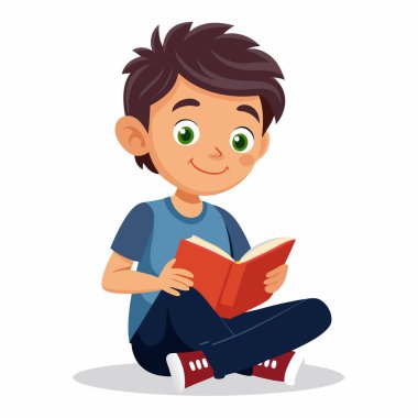 Okullu çocuk oturuyor ve çizgi roman vektör çizimleri okuyor.