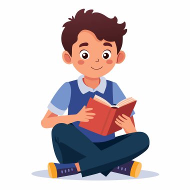 Okullu çocuk oturuyor ve çizgi roman vektör çizimleri okuyor.