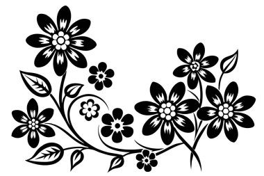 A black and white picture of a floral design with flowers and leaves clipart