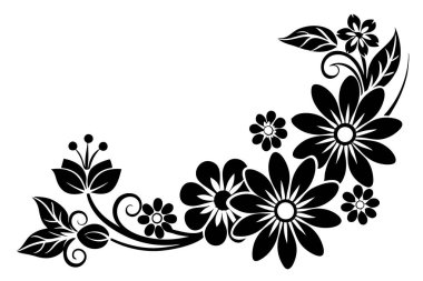 A black and white picture of a floral design with flowers and leaves clipart