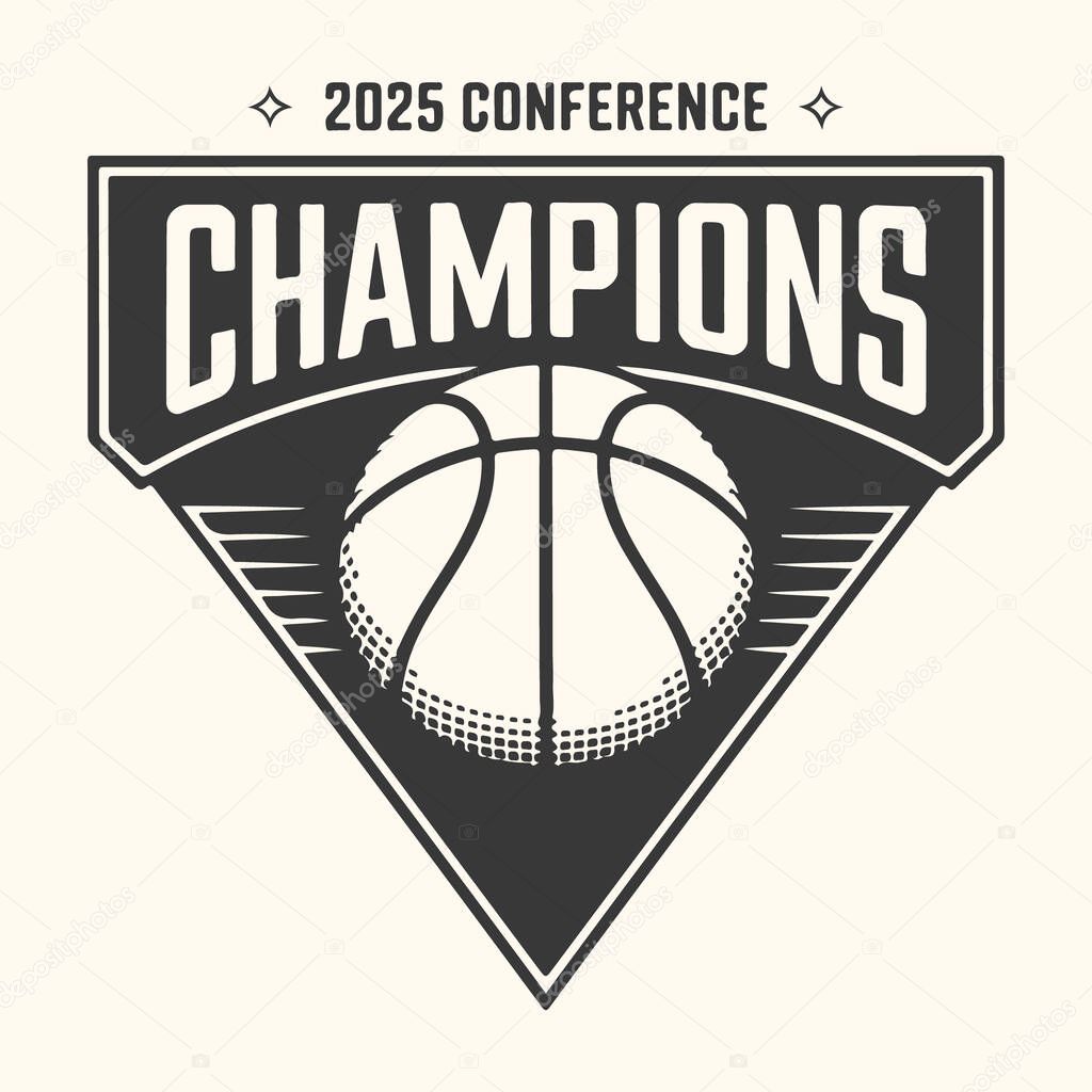A vintage-style logo for the 2025 conference champions, showcasing a basketball within a shield emblem, perfect for sports branding and event promotion.