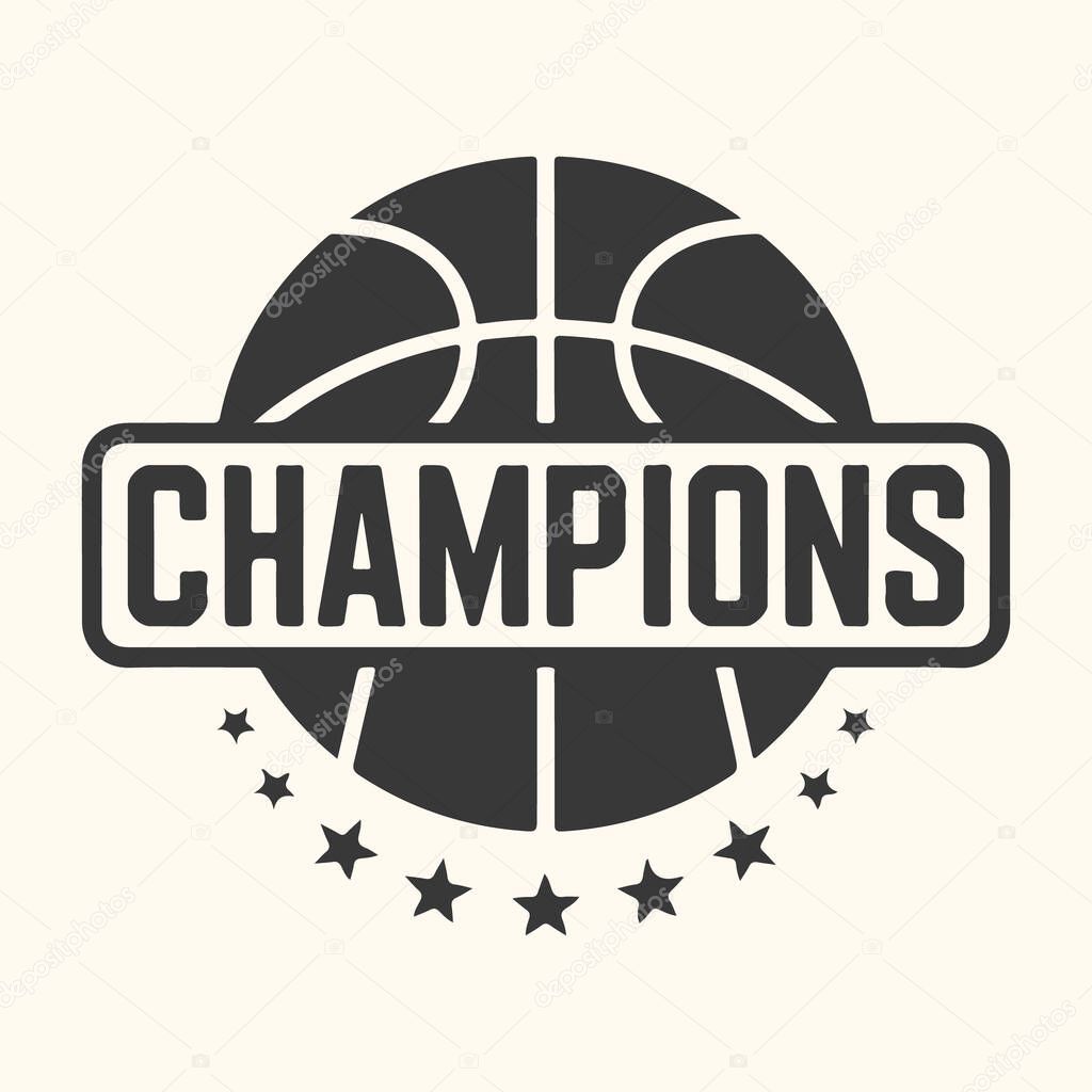 A black and white graphic logo featuring a basketball with the word 'CHAMPIONS' emblazoned across it, surrounded by a ring of stars, symbolizing victory and athletic achievement in the sport.