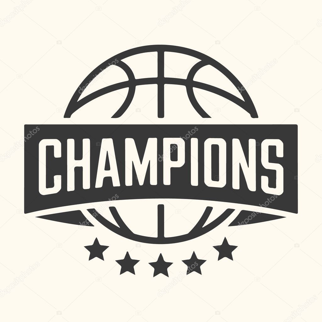 A stylized basketball emblem featuring the word 'CHAMPIONS' prominently displayed, symbolizing victory and achievement in the sport of basketball. Includes five stars.