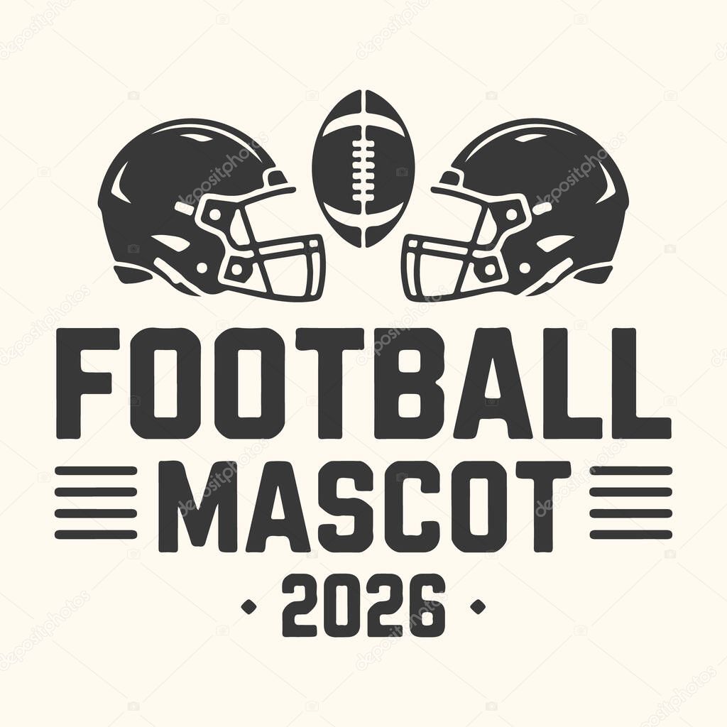 A graphic illustration of a football mascot logo for the year 2026, featuring two helmets and a football, perfect for sports branding and team identity.