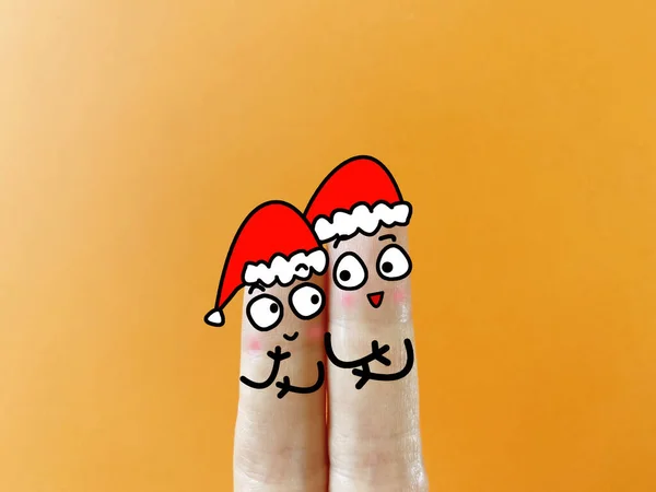 Два Пальці Прикрашені Дві Людини Вони Святкують Різдво — стокове фото