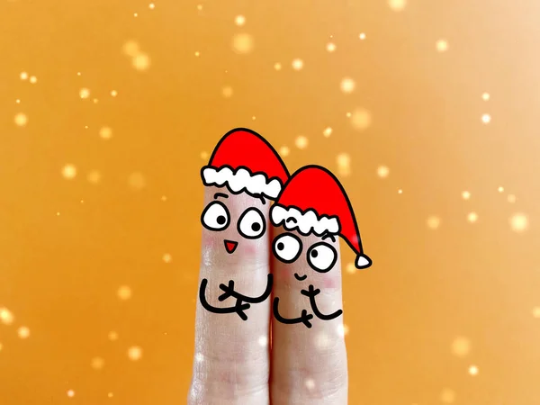 Два Пальці Прикрашені Дві Людини Вони Святкують Різдво — стокове фото