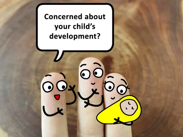 Three fingers are decorated as three person. One of them is holding a newborn baby. One of them is asking if they are concerned about the child's development