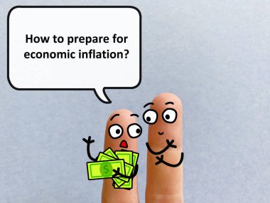 Two fingers are decorated as two person discussing about inflation and economy. One of them is asking another how to prepare for economic inflation clipart