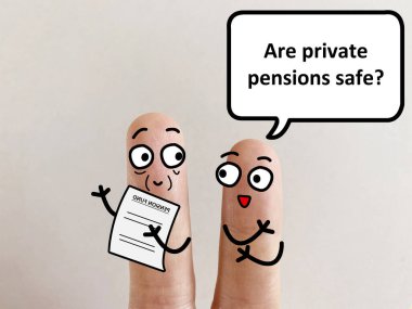 Two fingers are decorated as two person. One of them is asking another if private pension is safe. clipart